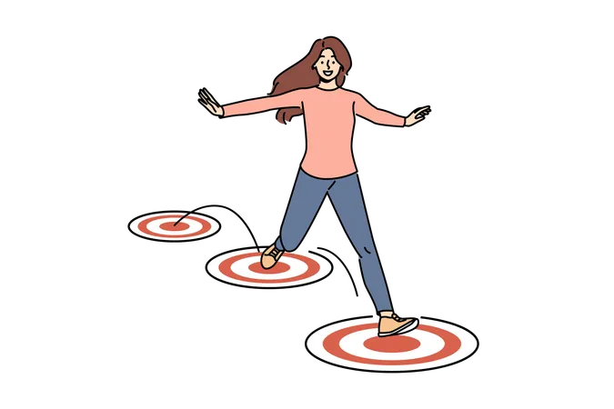 Purposeful Woman Jumps On Targets And Spreads Arms To Sides Enjoying Ease Of Completing Career Tasks Purposeful Girl Demonstrates Ambition To Achieve Goal While Receiving Education Illustration