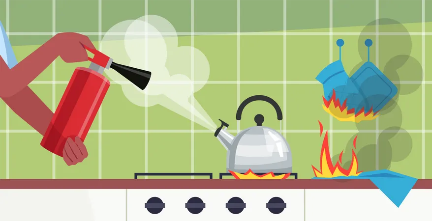 Putting out fire in kitchen table  Illustration