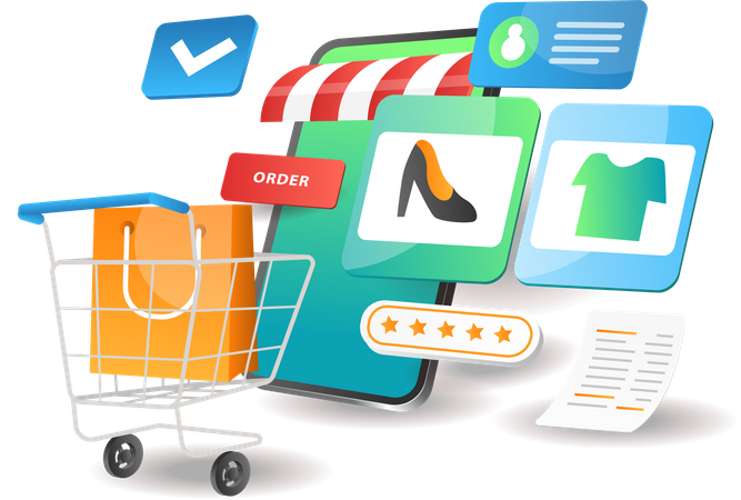 Putting shopping items in online cart  Illustration
