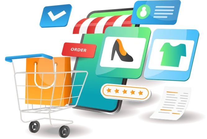 Putting shopping items in online cart  Illustration