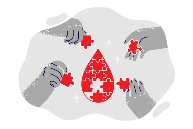 Puzzle In Shape Of Drop Of Blood With People Hands Calling Attention To International Donor Day Concept Of Fighting Blood Diseases And Leukemia Or Hemophilia To Increase Life Expectancy Of Patients Illustration