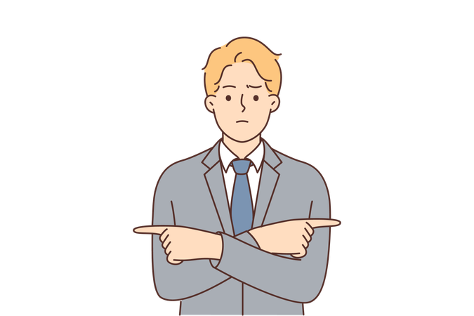 Puzzled businessman points fingers in different directions  Illustration