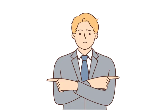 Puzzled businessman points fingers in different directions  Illustration