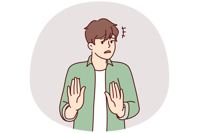 困惑した男性が手を伸ばして、政治的に不適切な行動をやめるよう呼びかける  イラスト