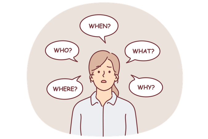 Puzzled woman among question words for concept of making important decisions  Illustration