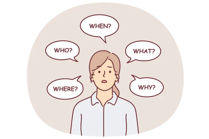 Puzzled woman among question words for concept of making important decisions  Illustration