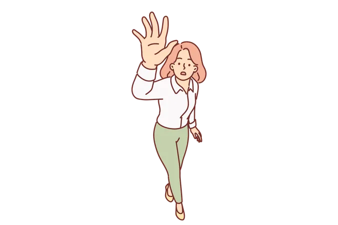 Puzzled woman raises hand up and stretches palm to screen  Illustration
