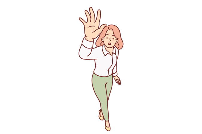 Puzzled woman raises hand up and stretches palm to screen  Illustration