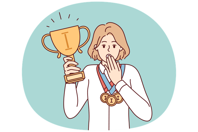 Puzzled woman with cup and medals of winner of sports olympiad covers mouth with hand  Illustration