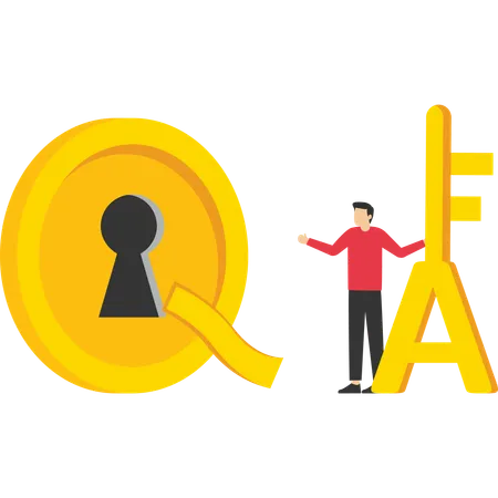 Q And A Concept Vector Flat Design Businessman Holding A Key To Unlock Question Illustration