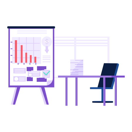 Quadro de apresentação no local de trabalho do escritório com mesa de computador e documentos  Illustration