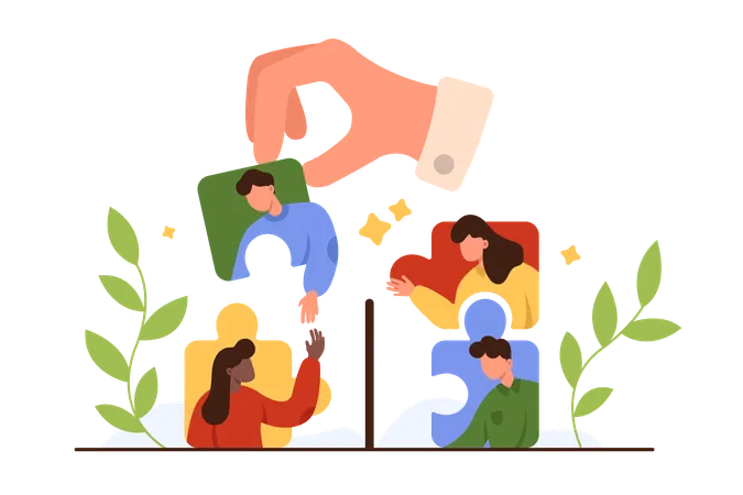 Qualified Employees Search For Effective Teamwork Giant Hand Of Employer Or Boss Holding Up Puzzle Piece With Portrait Of New Employee To Match With Colleagues Team Cartoon Vector Illustration 일러스트레이션