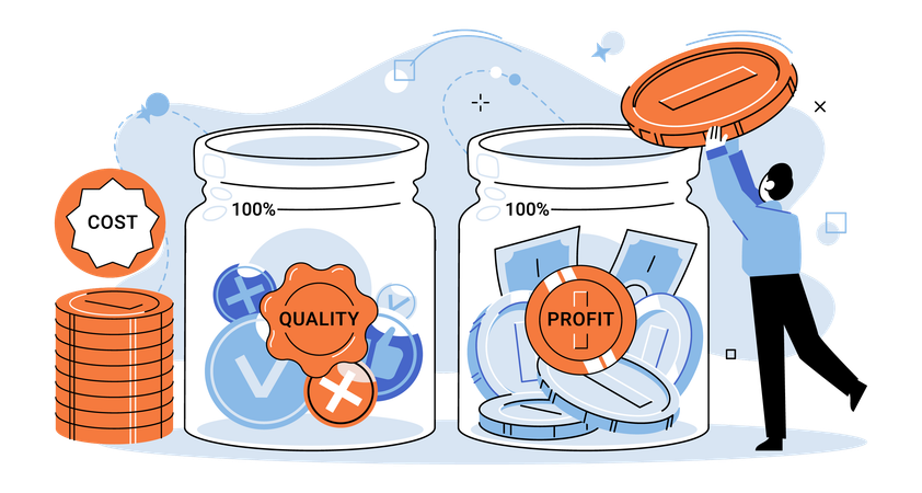 저렴한 비용으로 품질과 수익성을 확보, 사업가는 자금의 재정 축적을 관리합니다.  일러스트레이션