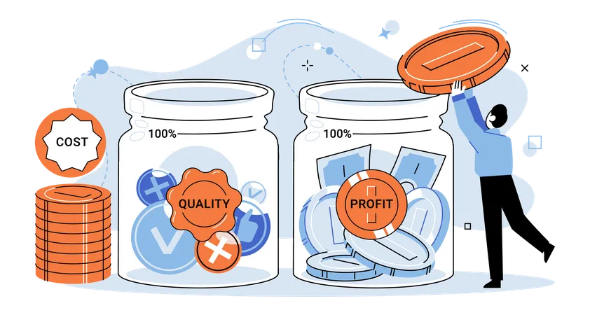 저렴한 비용으로 품질과 수익성을 확보, 사업가는 자금의 재정 축적을 관리합니다.  일러스트레이션