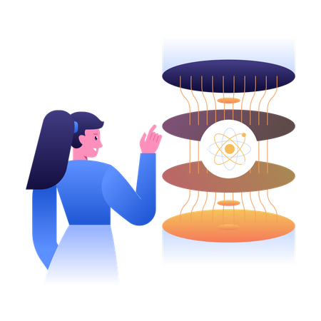 Quantencomputer-Konzept mit geschichteten Quantenzuständen und einem Atomsymbol  Illustration