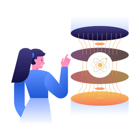 Quantencomputer-Konzept mit geschichteten Quantenzuständen und einem Atomsymbol  Illustration