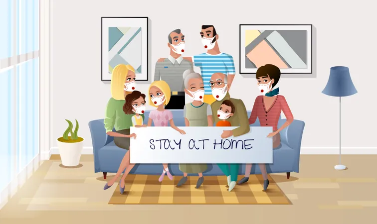 Quarantined Family Stay at Home During Pandemic Illustration
