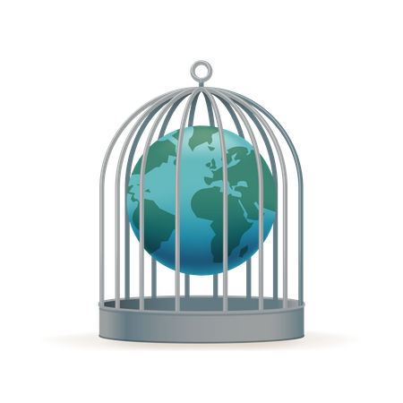 Quarentena mundial com globo terrestre preso em gaiola  Ilustração