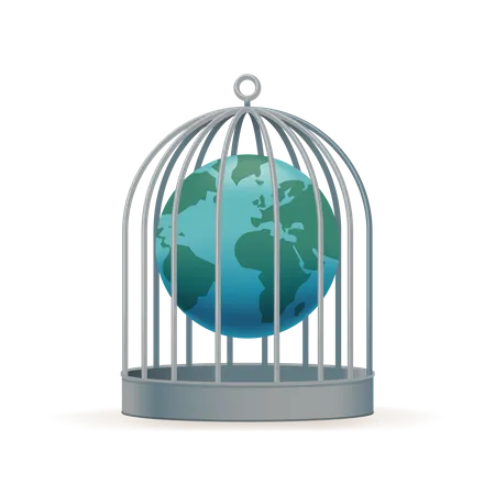 Quarentena mundial com globo terrestre preso em gaiola  Ilustração