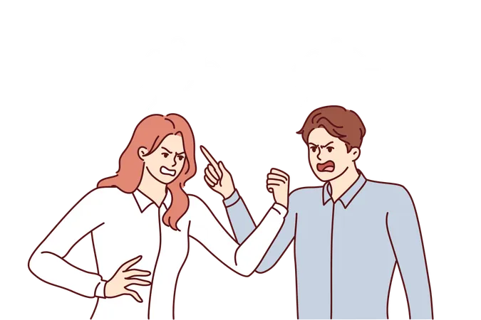 Quarrel Between Man And Woman Angrily Screaming And Pointing Fingers Towards Interlocutor Two Colleagues During Quarrel Related To Problems At Work Or Conflict In Their Personal Lives Illustration