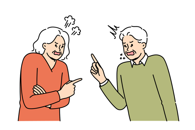 Quarrel elderly man and woman expressing mutual complaints accumulated over years of marriage  Illustration