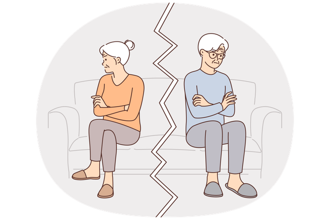 Quarrel of elderly man and woman sit on couch look in different directions and need family therapist  Illustration