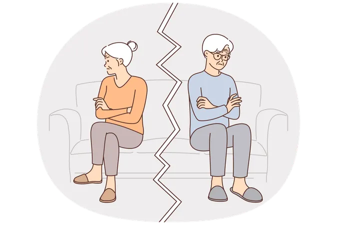 Quarrel of elderly man and woman sit on couch look in different directions and need family therapist  Illustration