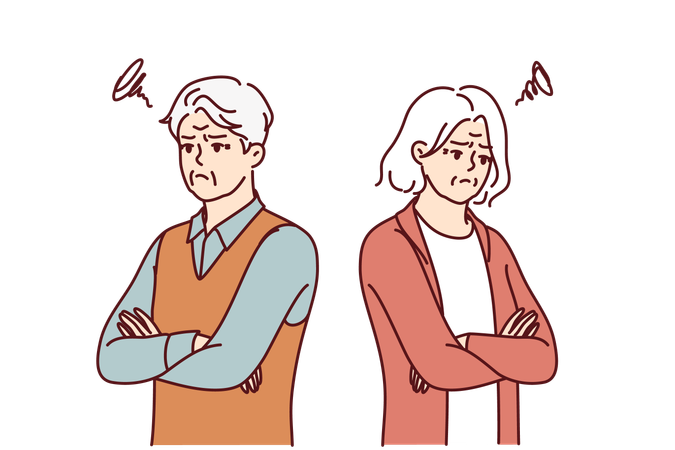 Quarreled seniors look in different directions due to differences or dissimilar interests  Illustration