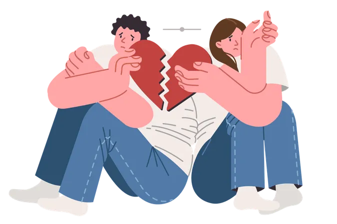 Quarrelling couple of man and woman breaking hearts  Illustration