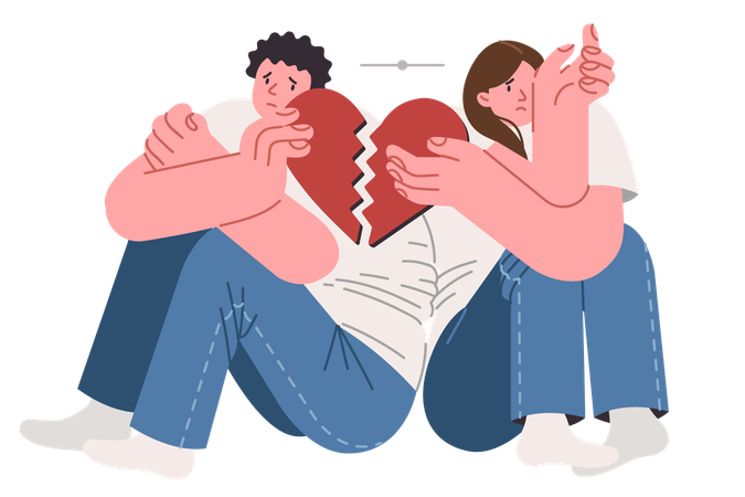 Quarrelling couple of man and woman breaking hearts  Illustration