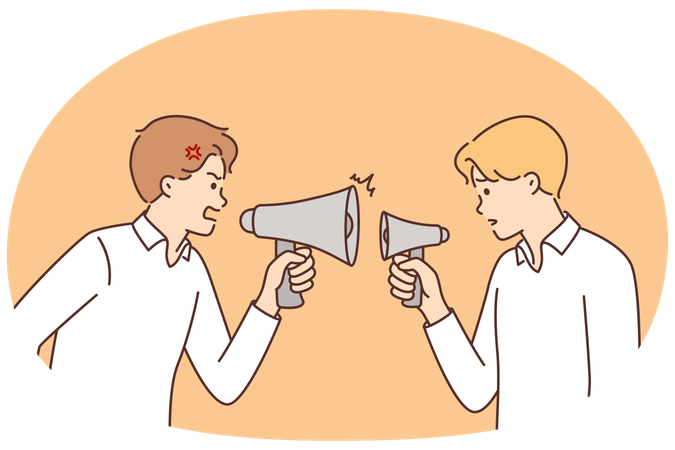 Quarrelling man with megaphones in business attire discussing ways to solve corporate problems  Illustration