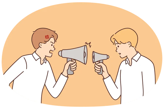 Quarrelling man with megaphones in business attire discussing ways to solve corporate problems  Illustration