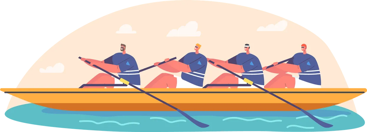 Quatre athlètes participant à une compétition d'aviron  Illustration