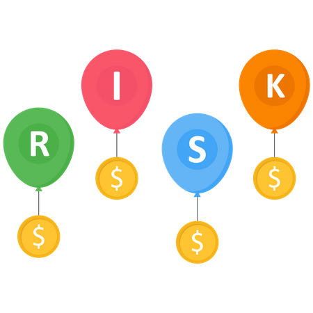 Quatre ballons risqués volant dans le ciel avec des pièces d'or en dollars attachées  Illustration