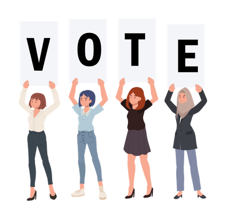 Quatre femmes brandissent une pancarte VOTE et sensibilisent à la participation aux élections et au droit de vote  Illustration