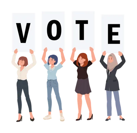 Quatre femmes brandissent une pancarte VOTE et sensibilisent à la participation aux élections et au droit de vote  Illustration