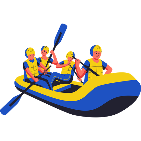 Quatro homens fazendo rafting  Ilustração