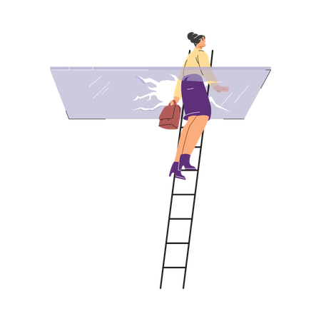 Representa a una mujer parada en una escalera y destruyendo una barrera de vidrio.  Ilustración