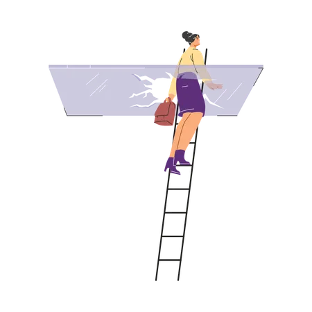 Representa a una mujer parada en una escalera y destruyendo una barrera de vidrio.  Ilustración