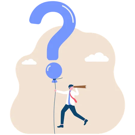 Question mark balloon leads businessman holding telescope into air  Illustration