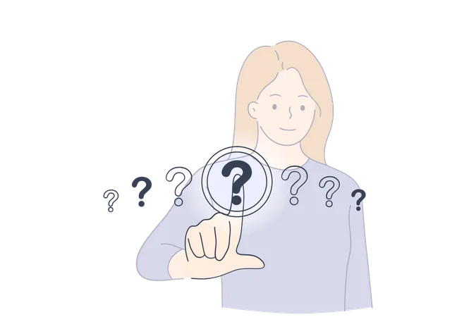 Question Mark Button Concept Young Woman Standing And Choosing One Of Question Marks Touching With Finger On Screen Vector Illustration Illustration