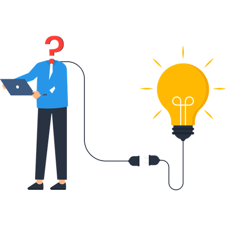 Question Mark Man Plugged into Idea Lightbulb  Illustration