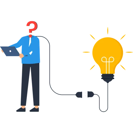 Question Mark Man Plugged into Idea Lightbulb  Illustration