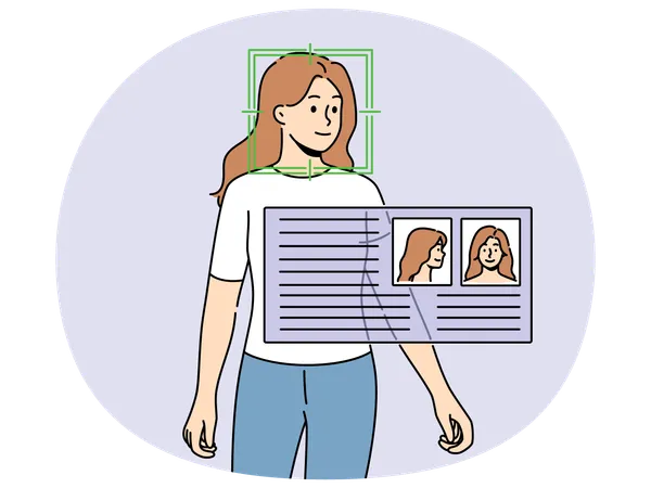 Questionnaire near woman symbolizes facial recognition using video surveillance with AI  Illustration