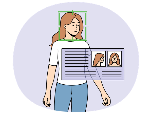 Questionnaire near woman symbolizes facial recognition using video surveillance with AI  Illustration
