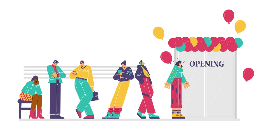 Queue in front of doors of new store or shopping mall  Illustration