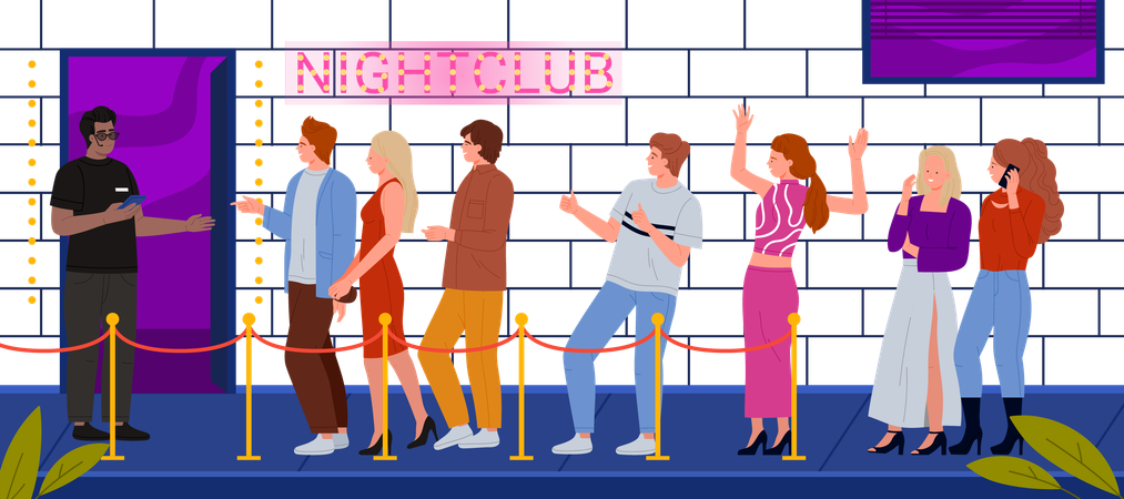 Queue of waiting people guests at nightclub  Illustration