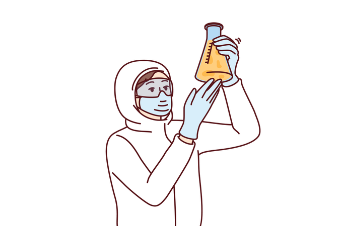 Assistente de laboratório químico segura tubo de ensaio com reagente examinando substância perigosa  Ilustração