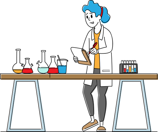 Experimento de cientista químico em laboratório de ciências  Ilustração