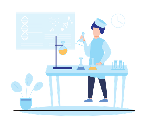 Experimento de cientista químico em laboratório de ciências  Ilustração